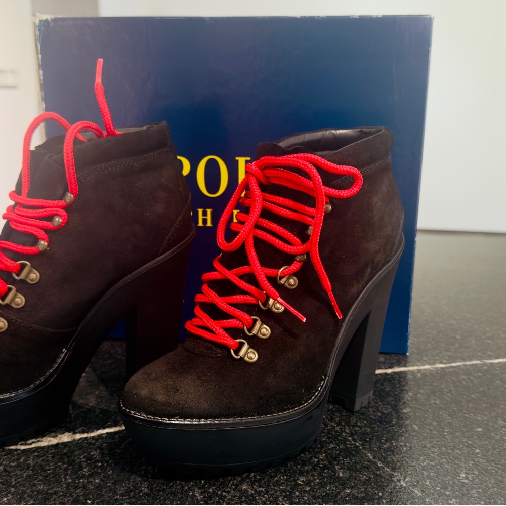 Polo by Ralph Lauren Black Heeled Boots with Red Laces, Size 7B